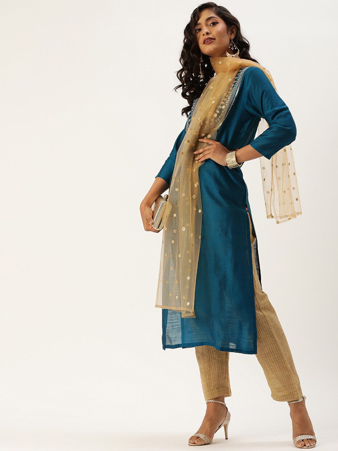 Dhiyona VA Women's Teal Layered Kurta with Trousers & With Dupatta