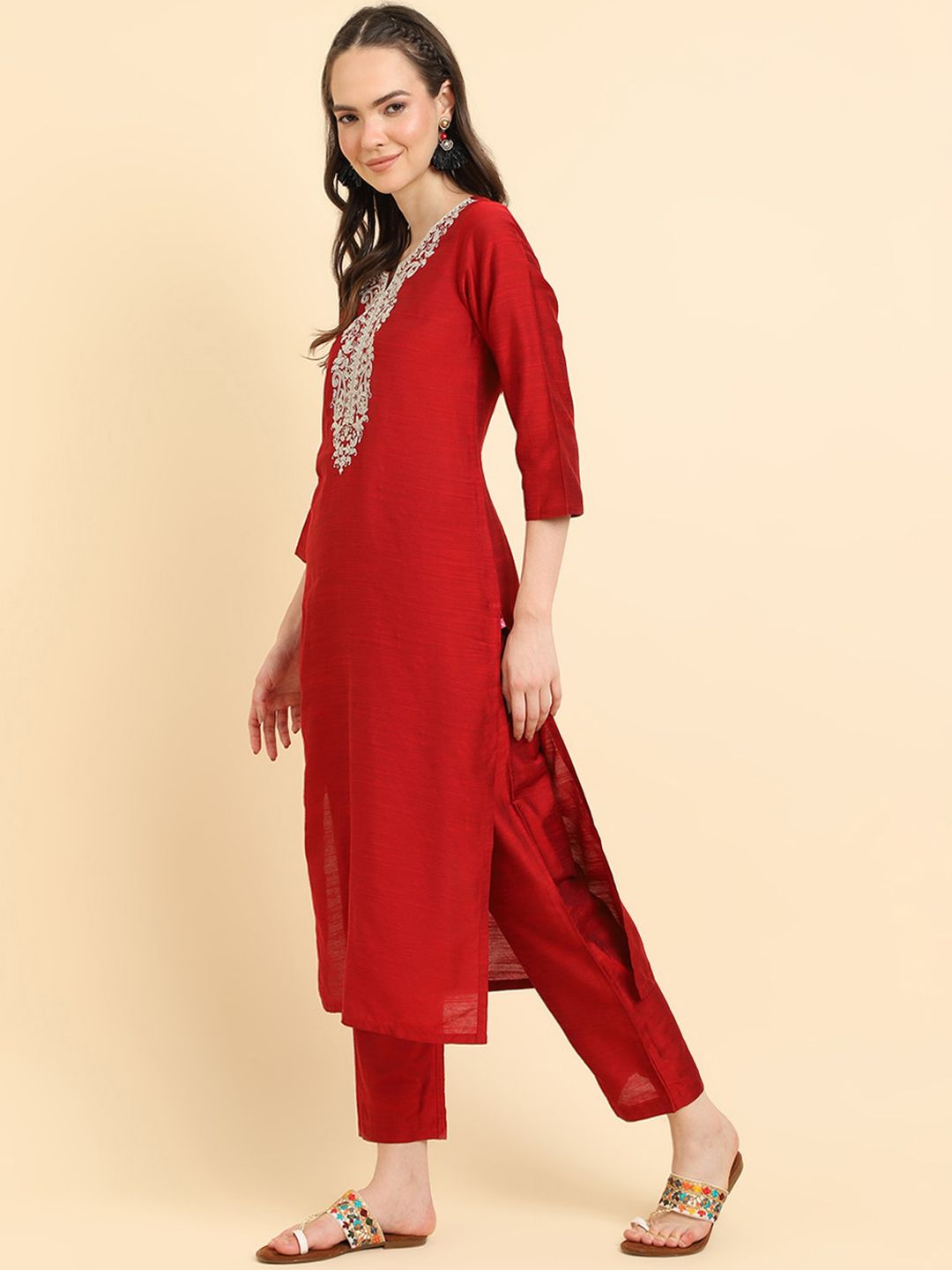 Dhiyona VA Women'sRed Ethnic Motifs Yoke Design Thread Work Kurta Wth Trousers & Dupatta