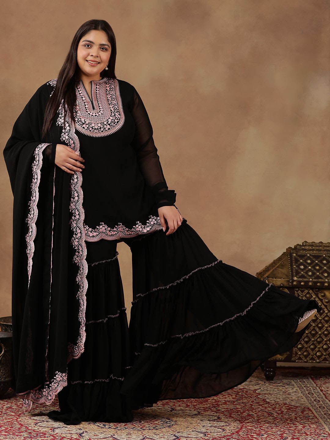 Dhiyona IN Szie Floral Embroidered Thread Work Kurta With Sharara & Dupatta