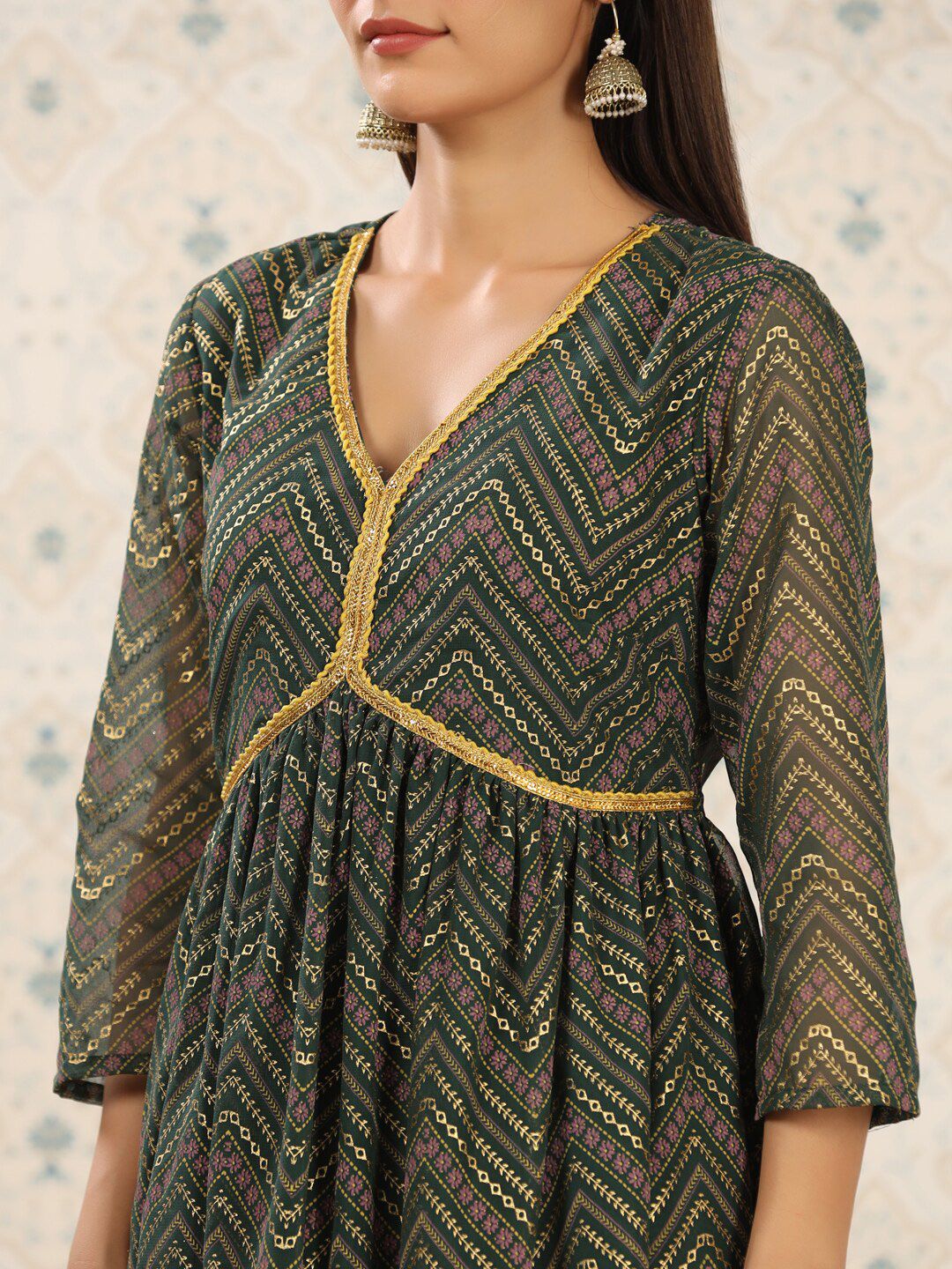 Dhiyona OD Ethnic Motifs Printed V-Neck Thread Work Empire Anarkali Kurta