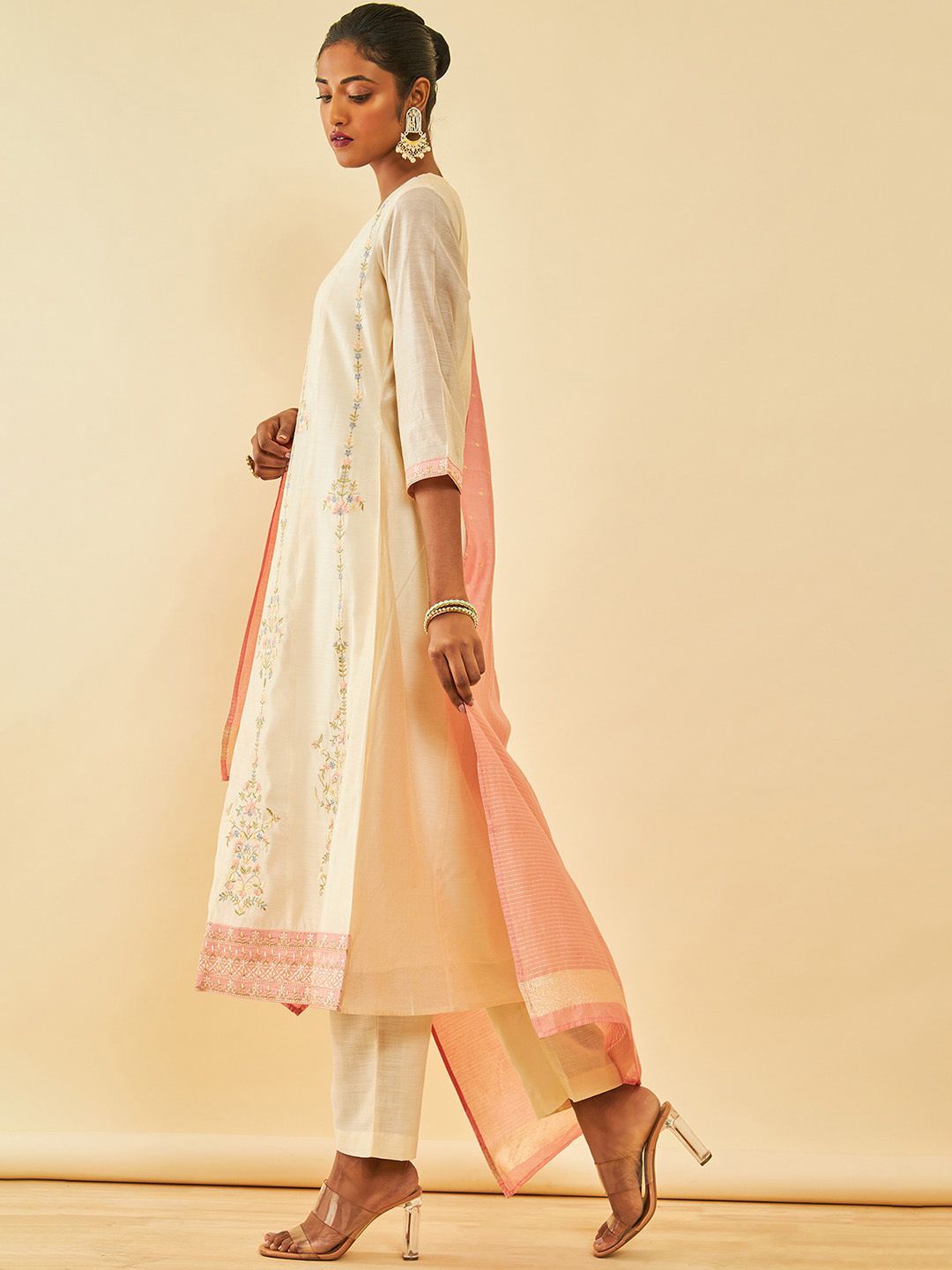 Dhiyona SO Women's Alina Cut Cream Ethnic Motifs Embroidered Thread Work A-Line Kurta With Trousers & Dupatta