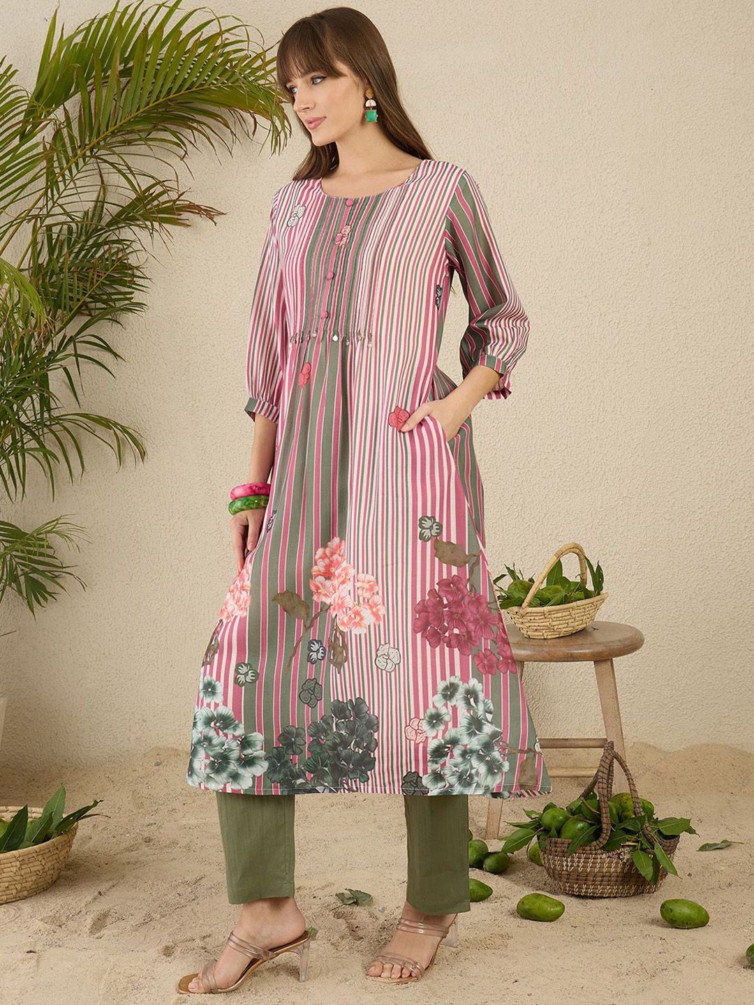 Dhiyona IE Floral Printed Pure Cotton Kurta With Trousers