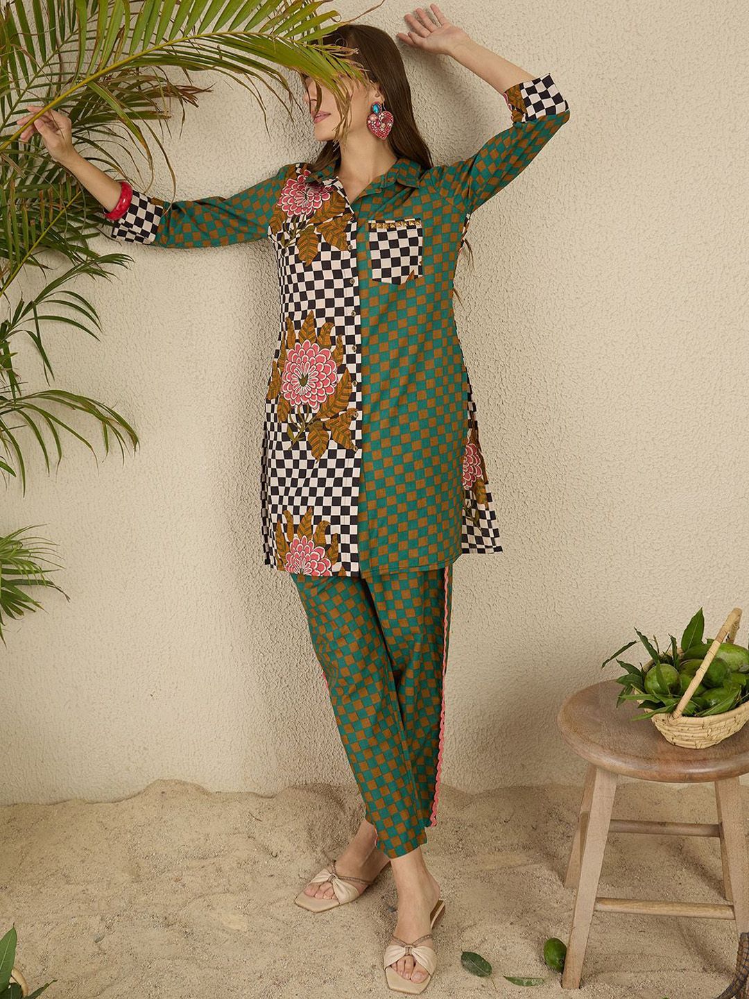 Dhiyona IE Printed Pure Cotton Straight Tunic & Trousers Co-Ord Set