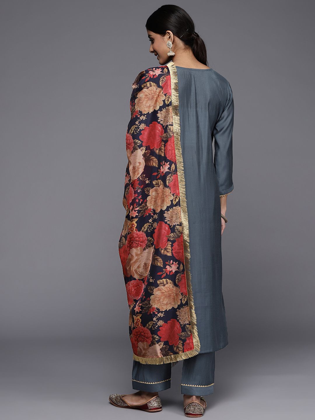 Dhiyona VA Women's Grey Ethnic Motifs Yoke Design Mirror Work Kurta with Trousers & With Dupatta