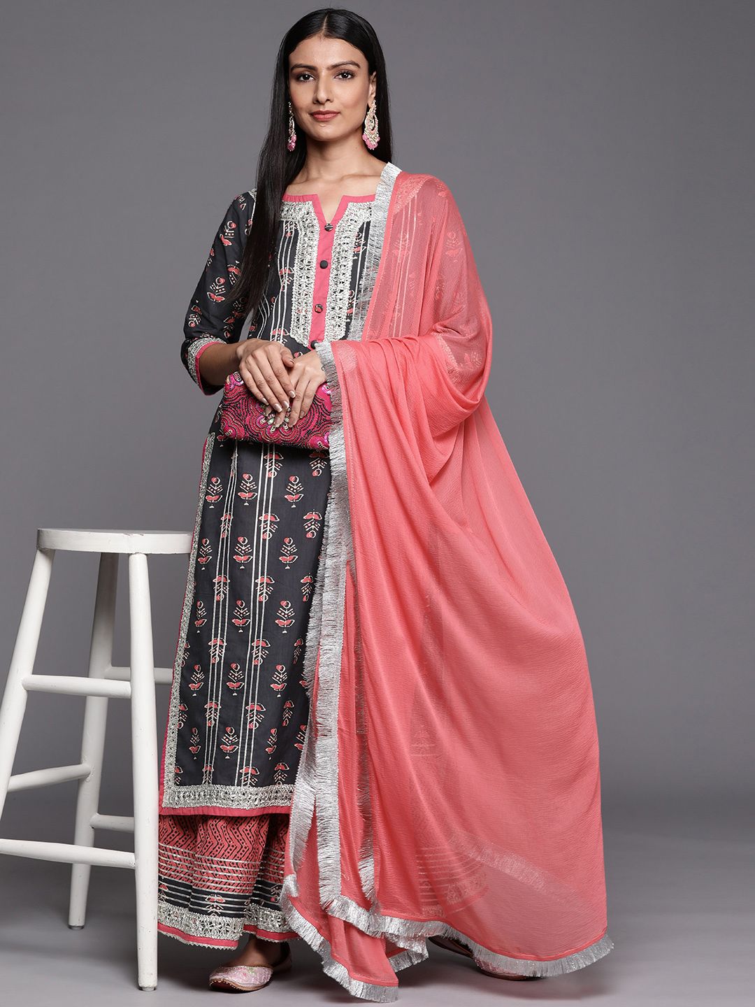 Dhiyona VA Women's Grey Ethnic Motifs Printed Gotta Patti Kurta with Sharara & With Dupatta