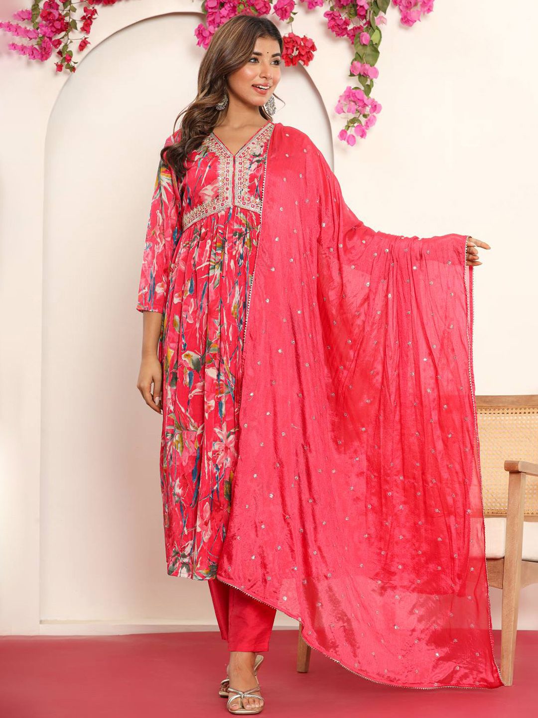 Dhiyona VA Women'sPink Gotta Patti Floral Embroidered V- Neck Empire Kurta With Trousers & Dupatta