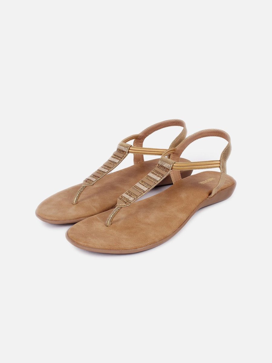 Dhiyona AK Beige Embellished T-Strap Flats With Backstrap