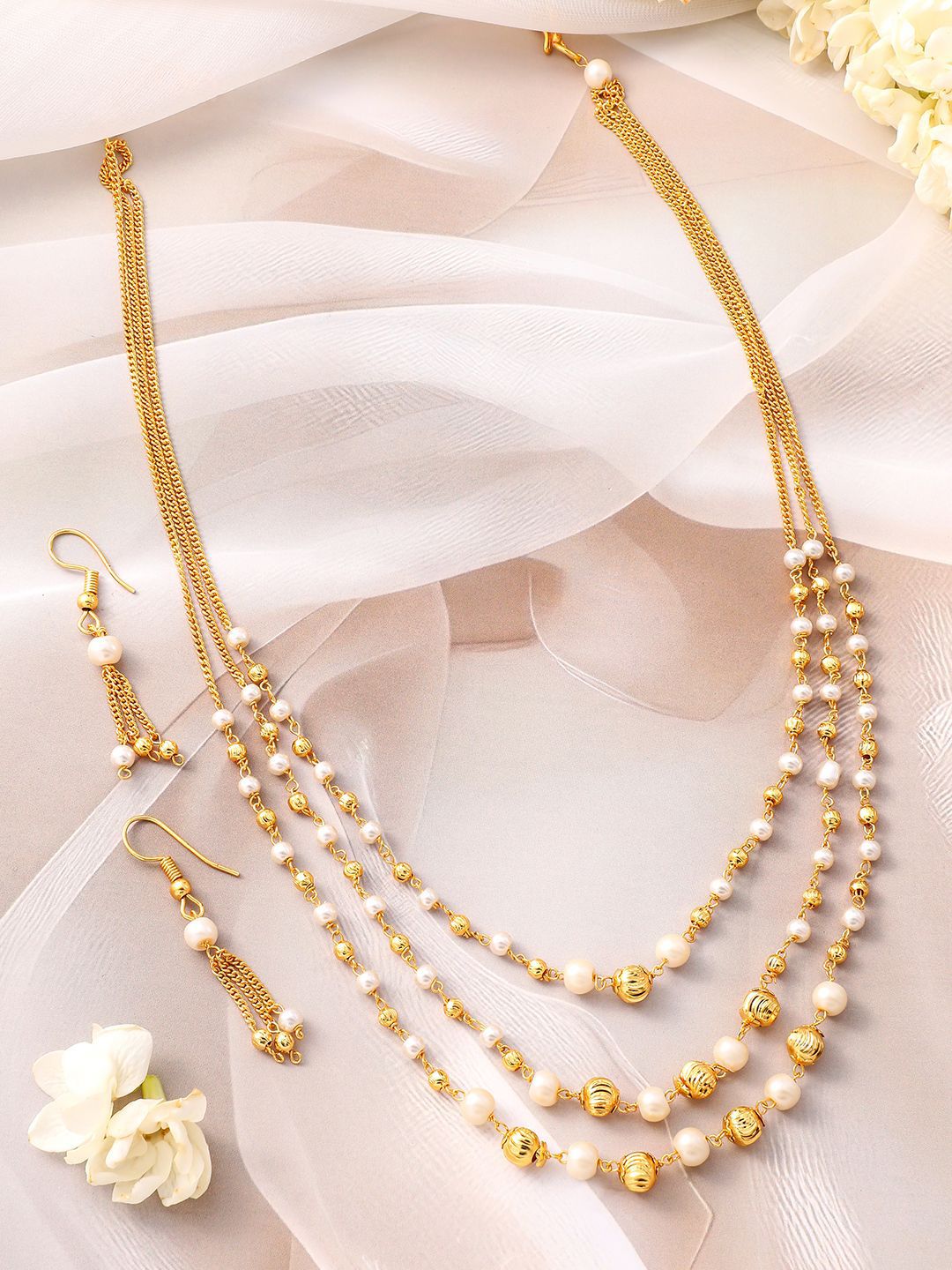 Dhiyona RJ Women's 18K Gold-Plated Multilayer Pearl Beaded Necklace Set with Matching Earrings