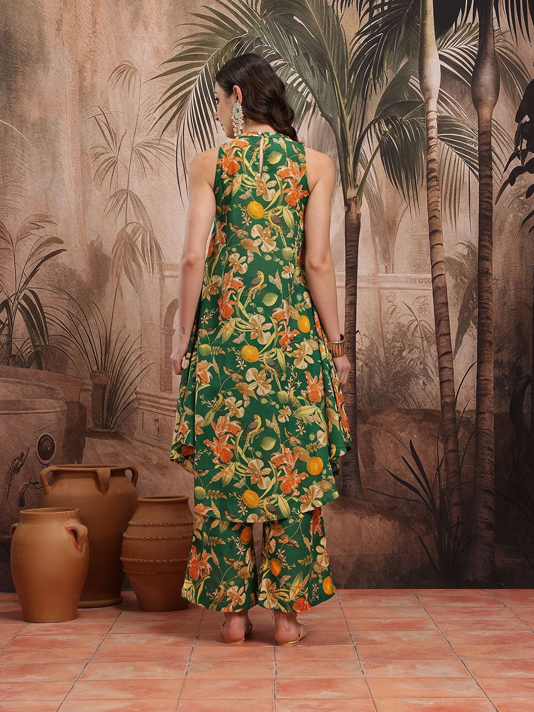 Dhiyona SN Women's Floral Print Pleated Sequinned Kurta with Palazzos