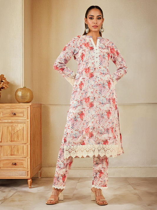 Dhiyona SO Women's Floral Printed Mandarin Collar Three-Quarter Sleeves Kurta with Trousers