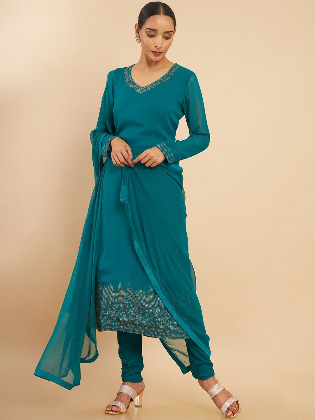 Dhiyona SO Women's Women Teal Solid V-Neck Kurta with Churidar & With Dupatta
