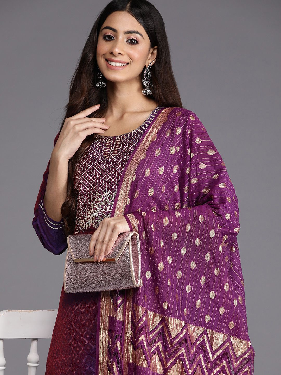 Dhiyona VA Women'sPurple Geometric Woven Design Thread Work Jacquard Kurta with Trousers & Dupatta