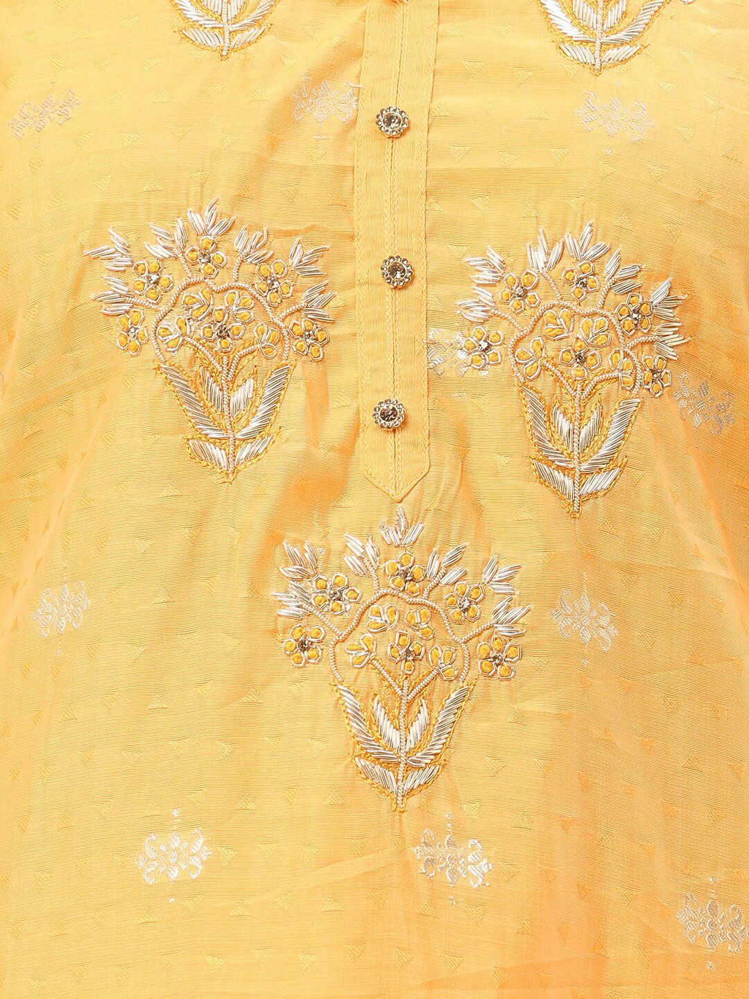 Dhiyona SO Women's Women Yellow Floral Embroidered Thread Work Chanderi Silk Kurta with Trousers