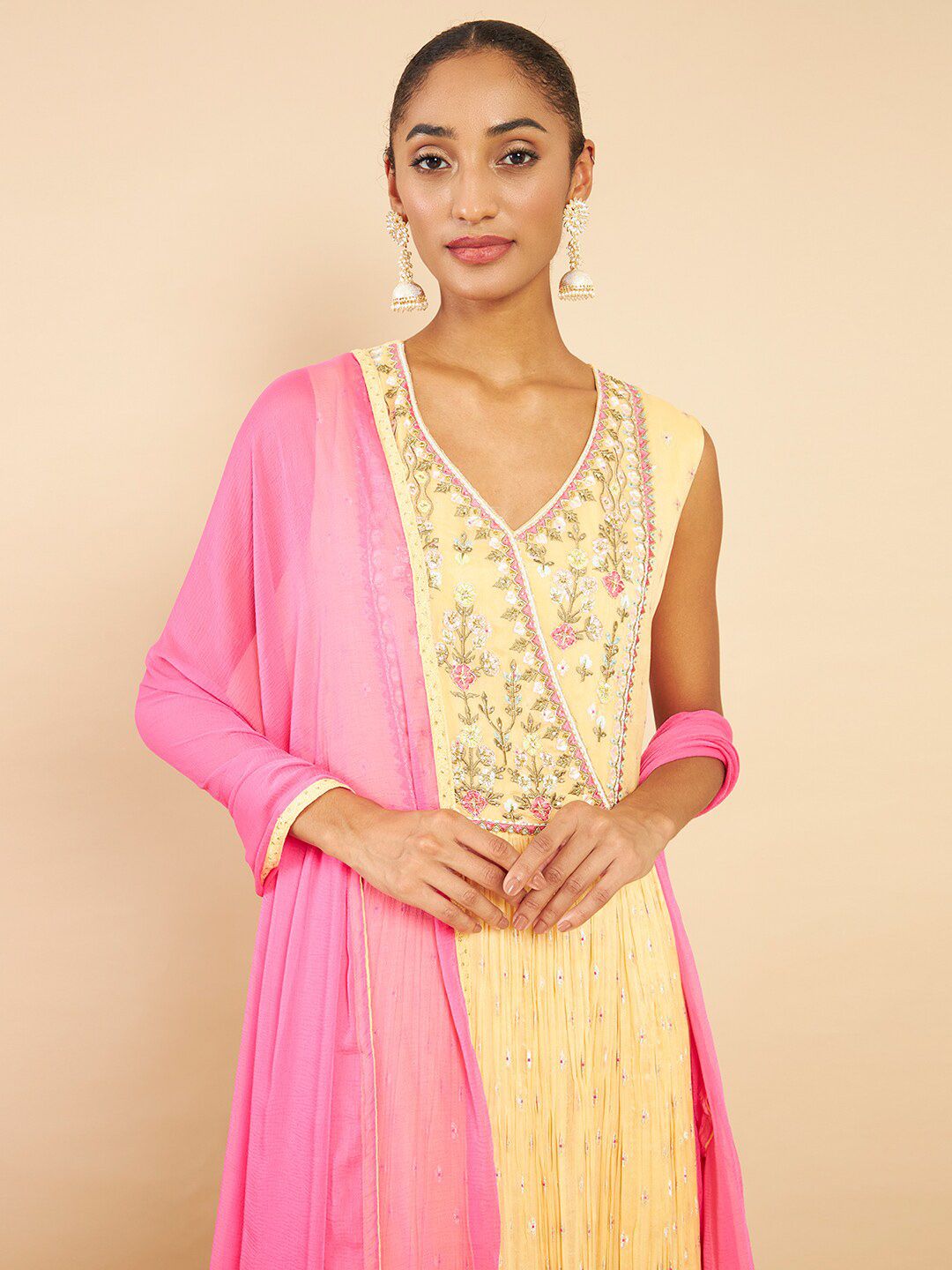Dhiyona SO Women's Floral Embroidered Angrakha Sequinned Kurta with Churidar & Dupatta