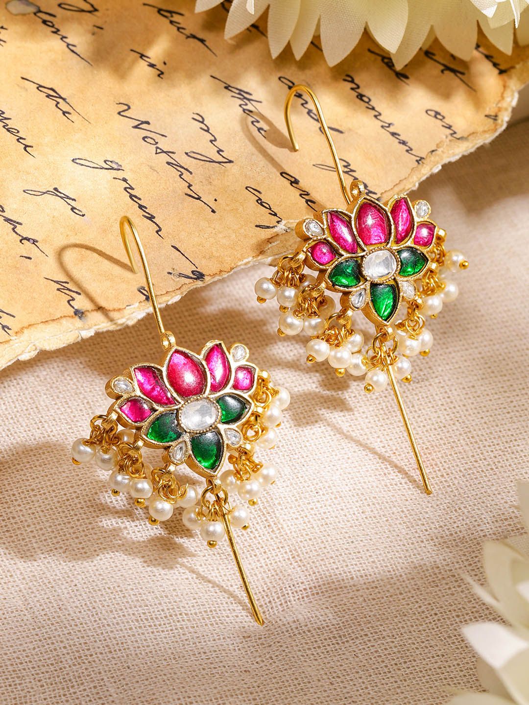 Dhiyona RJ Women's 22K Gold-Plated Ruby Pink, Emerald & Kundan Pearl Beads Lotus Design Ear Cuff