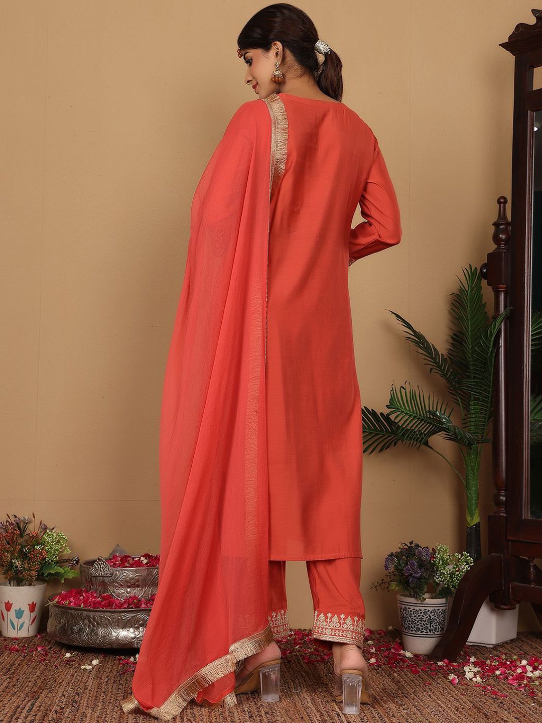 Dhiyona VA Women'sYoke Design Zari Embroidered Sequinned Kurta with Trousers & Dupatta