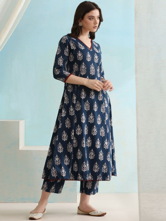 Women's Ethnic Motifs Printed V-Neck Pure Cotton A-Line Kurta with Palazzos & Dupatta