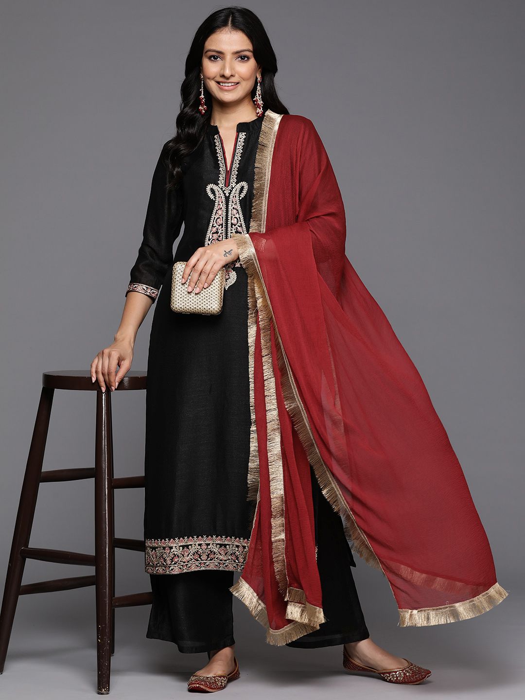 Dhiyona VA Women's Ethnic Motifs Embroidered Regular Kurta with Palazzos & With Dupatta