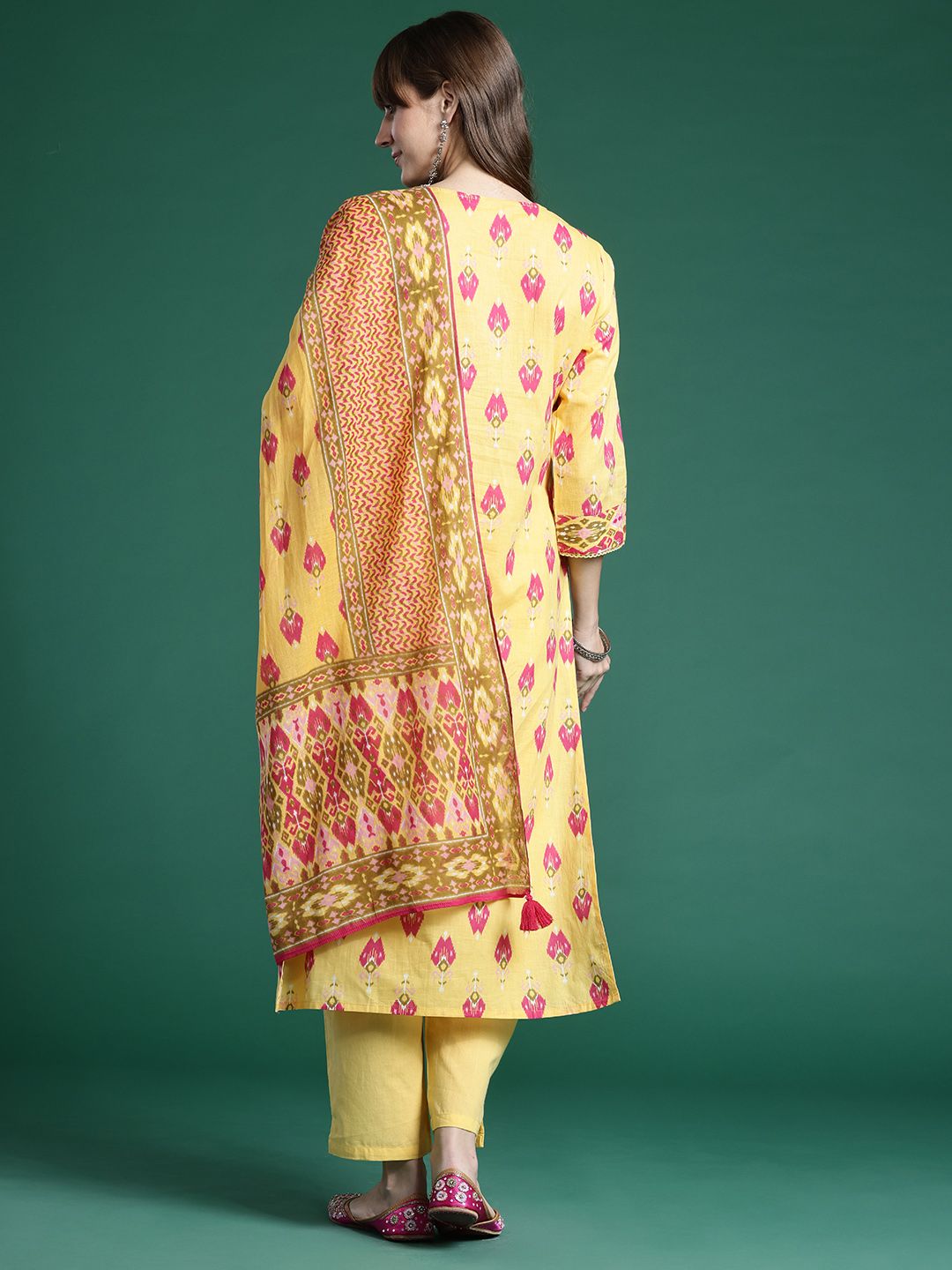 Dhiyona IE Printed Panelled Sequinned Pure Cotton Kurta With Trousers & Dupatta