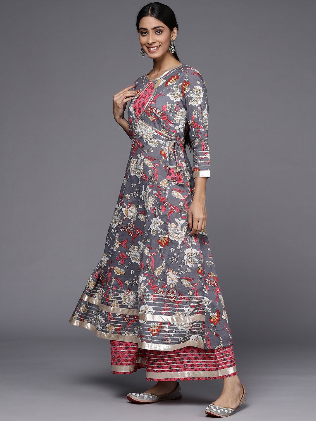 Dhiyona VA Women's Grey Floral Printed Gotta Patti Pure Cotton Kurta with Sharara & With Dupatta