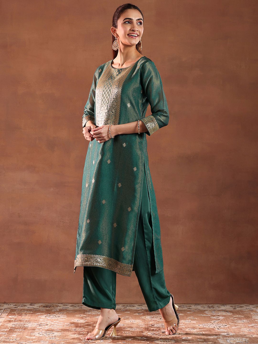 Dhiyona LB Women's Green and Gold Ethnic Motifs Woven Design Straight Kurta with Trouser & Dupatta