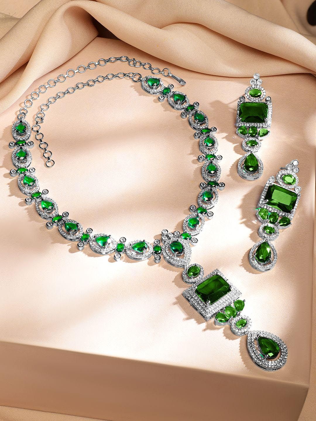 Dhiyona RJ Women's Rhodium-Plated Emerald Green & White Cubic Zirconia Studded Luxe Jewellery Set