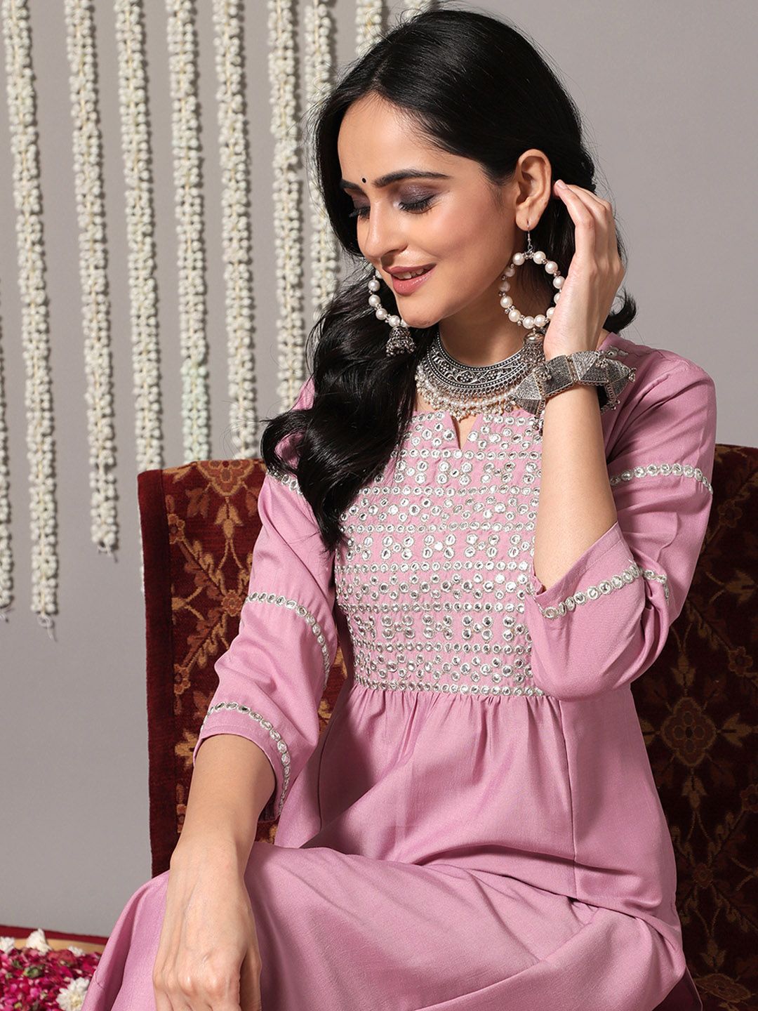 Dhiyona VA Women's Pink & Silver-Toned Yoke Design Kurta with Palazzos & Dupatta