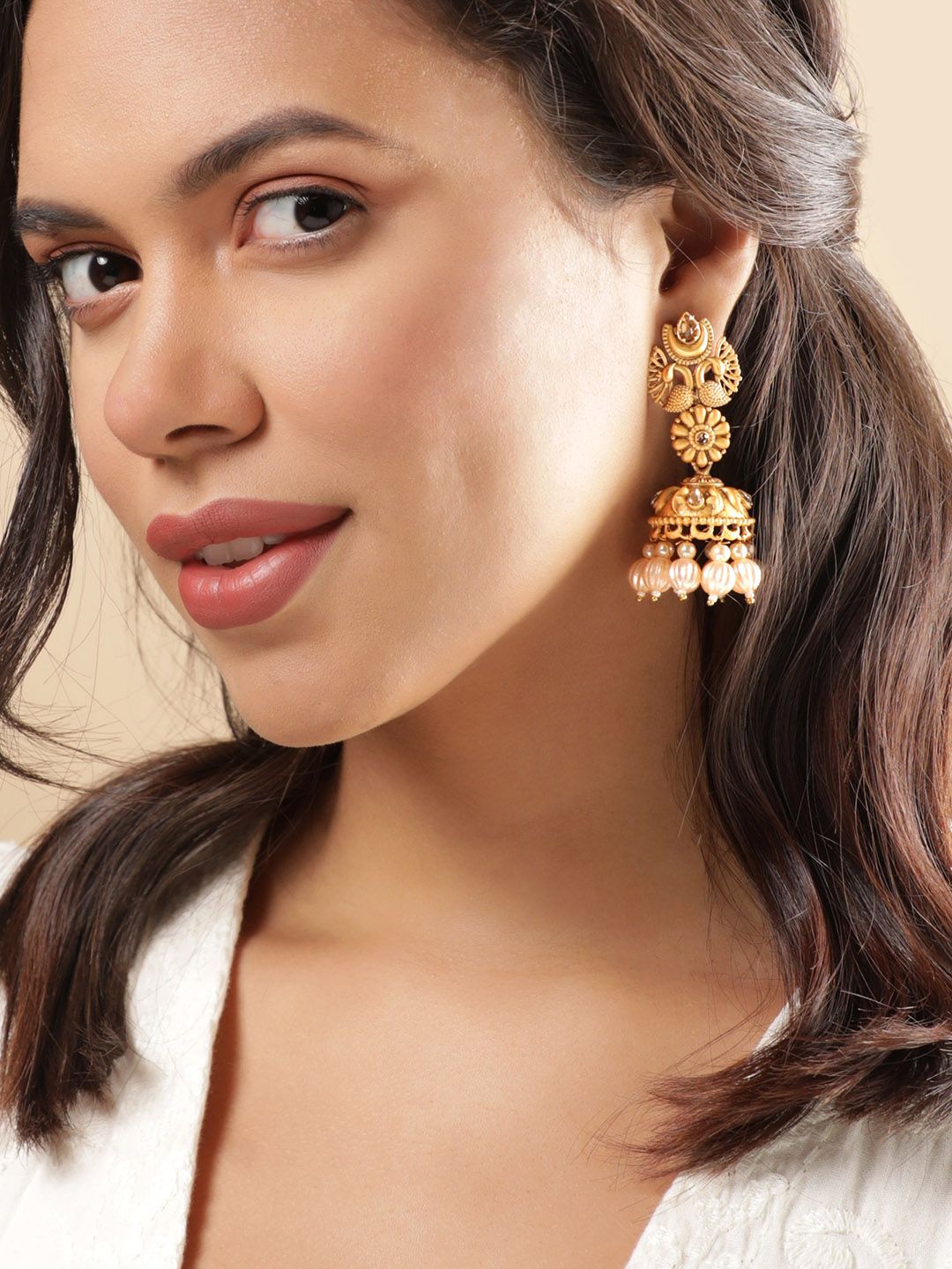 Dhiyona RJ Women's Gold-Plated Pearls Peacock Shaped Jhumkas Earrings