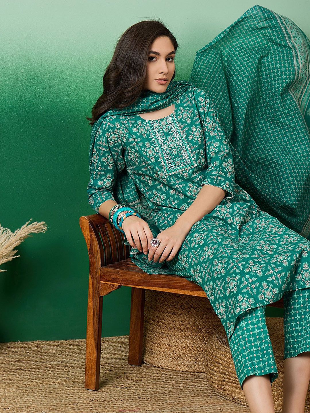 Dhiyona SN Women's Printed Pure Cotton Straight Kurta With Trousers & Dupatta