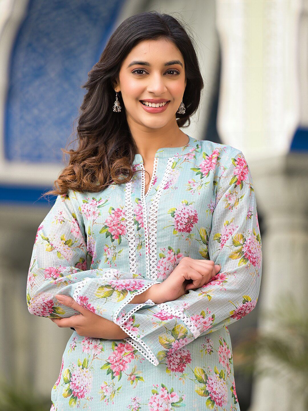 Dhiyona VA Women'sFloral Printed Long sleeves Calf Length Straight Kurta With Trouser
