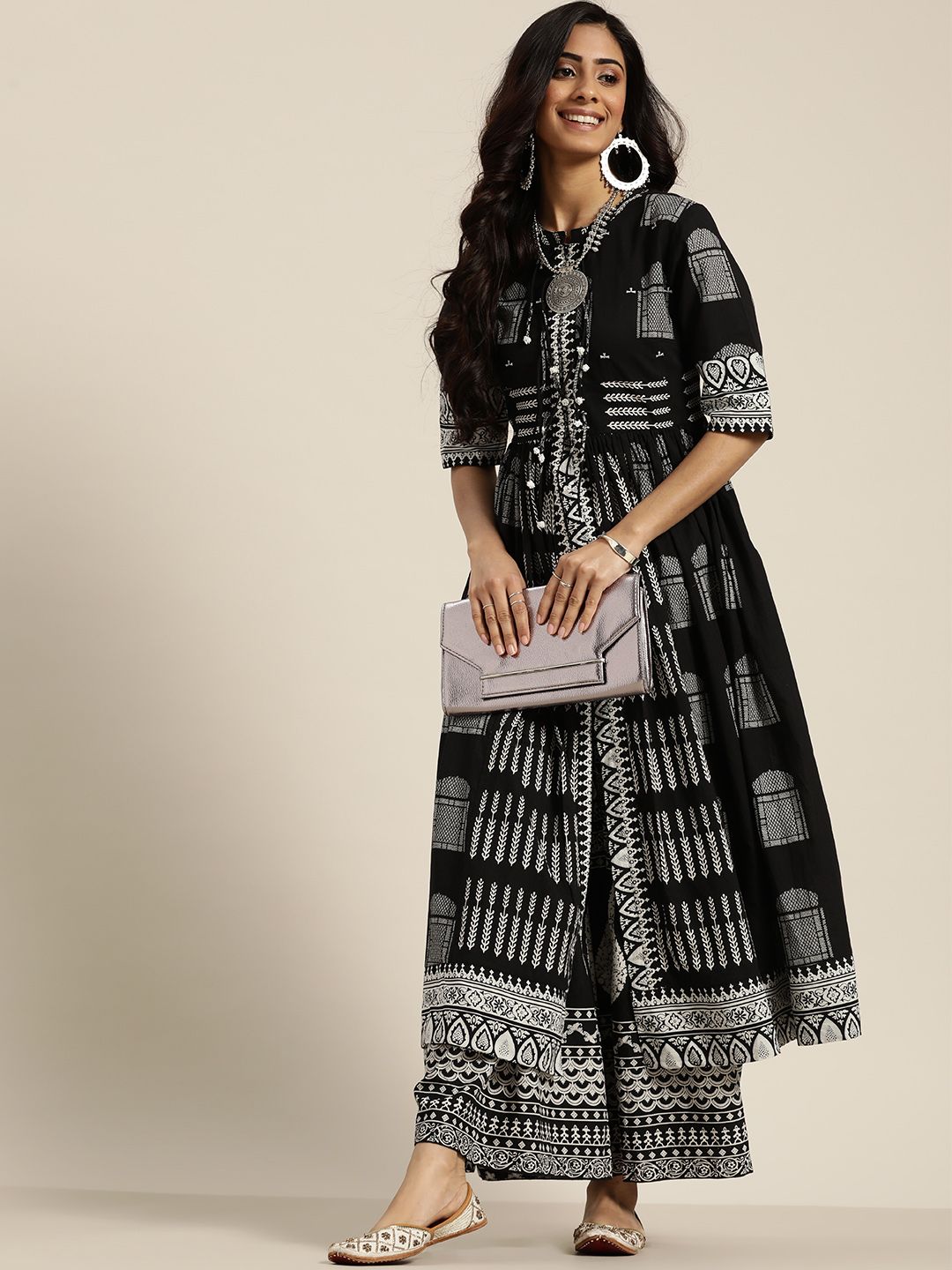 Dhiyona SN Women's Black & White Ethnic Motifs Printed Pure Cotton Kurta with Sharara