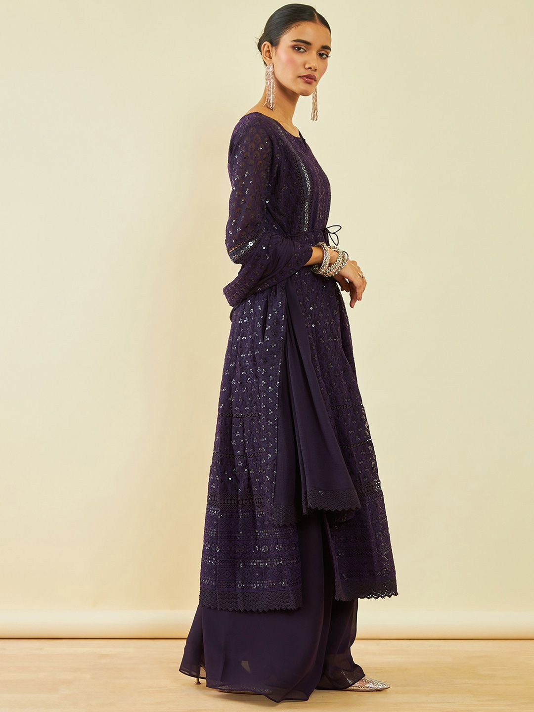 Dhiyona SO Women's Ethnic Motifs Embroidered Pleated Sequinned A-Line Kurta With Palazzos & Dupatta