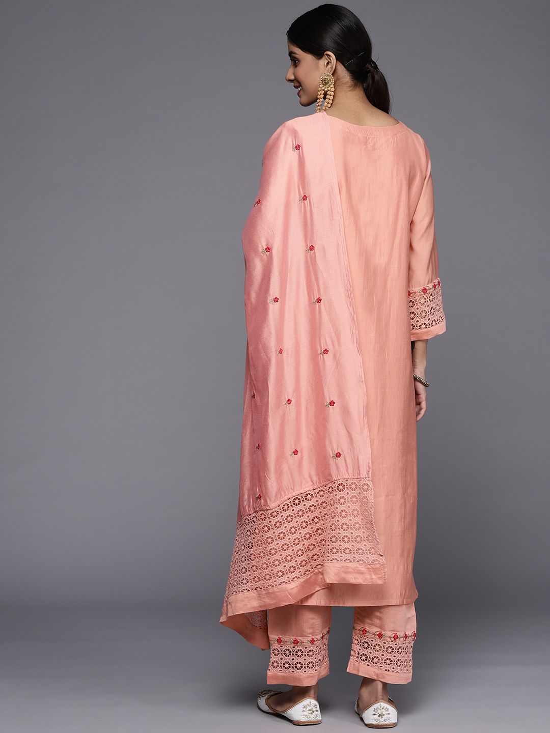 Dhiyona VA Women's Peach-Coloured Ethnic Motifs Embroidered Kurta with Trousers & Dupatta