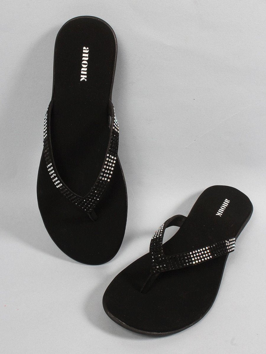 Dhiyona AK Black Embellished Open Toe Flats