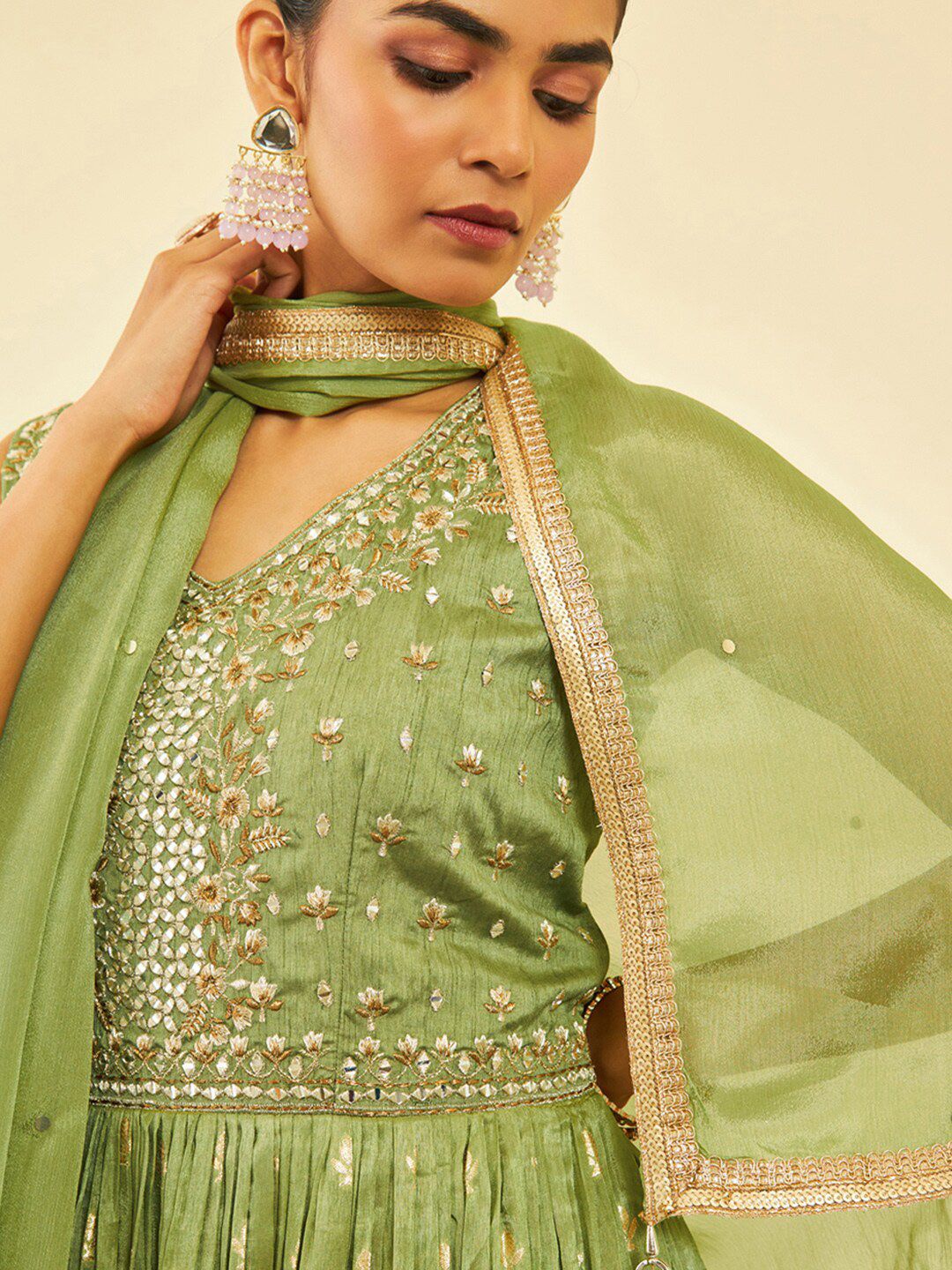 Dhiyona SO Women's Green Ethnic Motifs Embroidered Mirror Work Anarkali Kurta with Churidar & Dupatta
