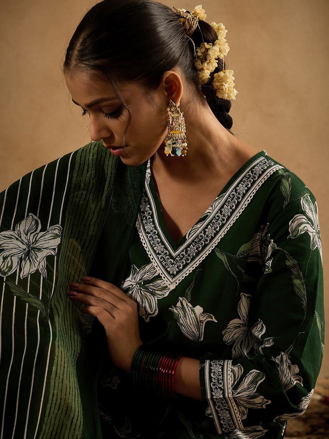 Floral Printed V-Neck Pure Cotton Straight Kurta With Trouser & Dupatta