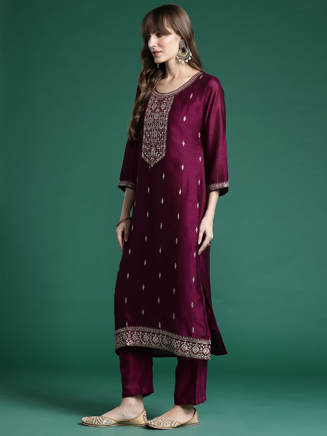 Ethnic Motifs Embroidered Sequinned Kurta with Trousers & With Dupatta
