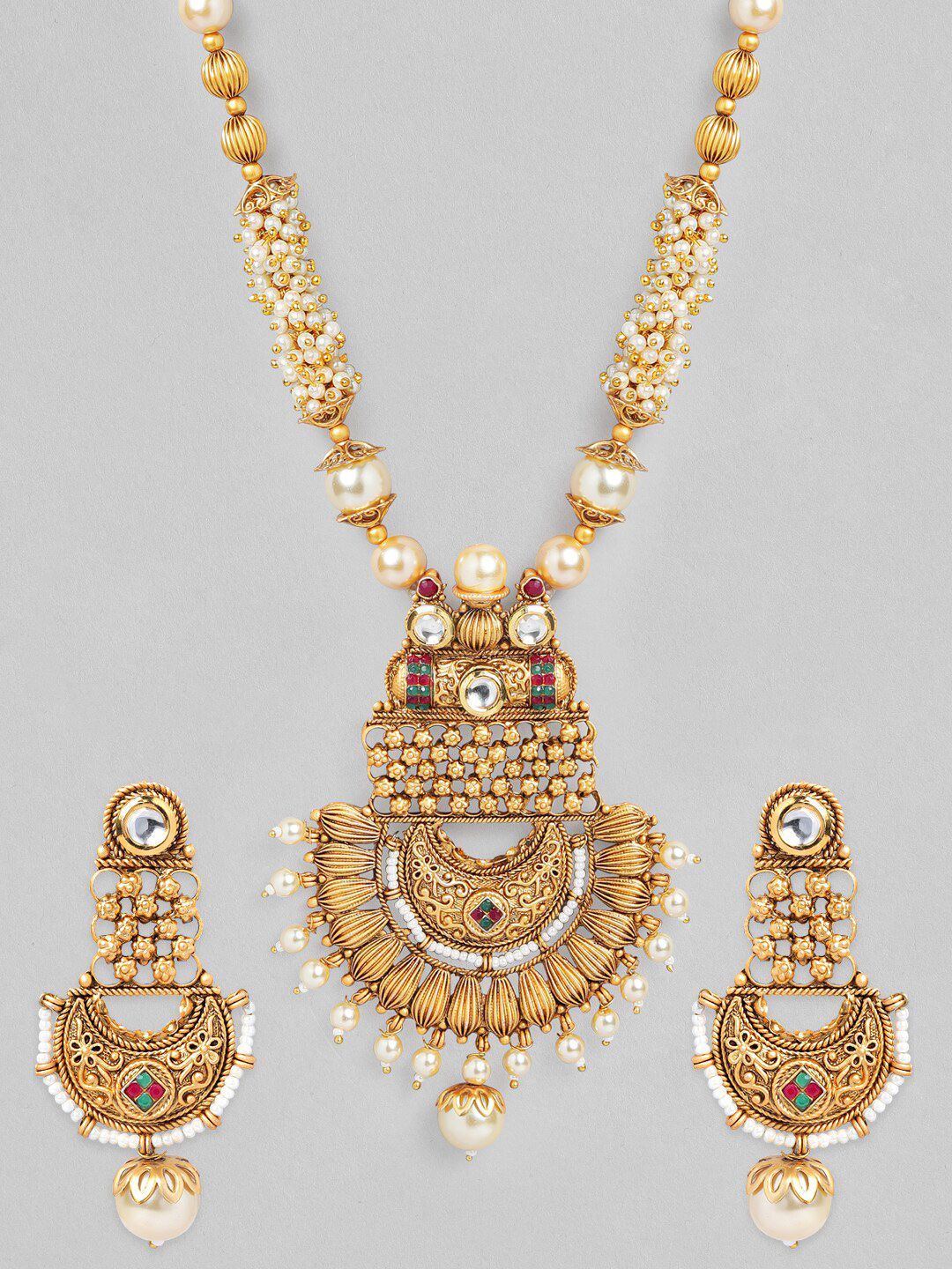 Dhiyona RJ Women's 22K Gold-Plated White, Red & Green Stone & Pearl Beaded Handcrafted Jewellery Set