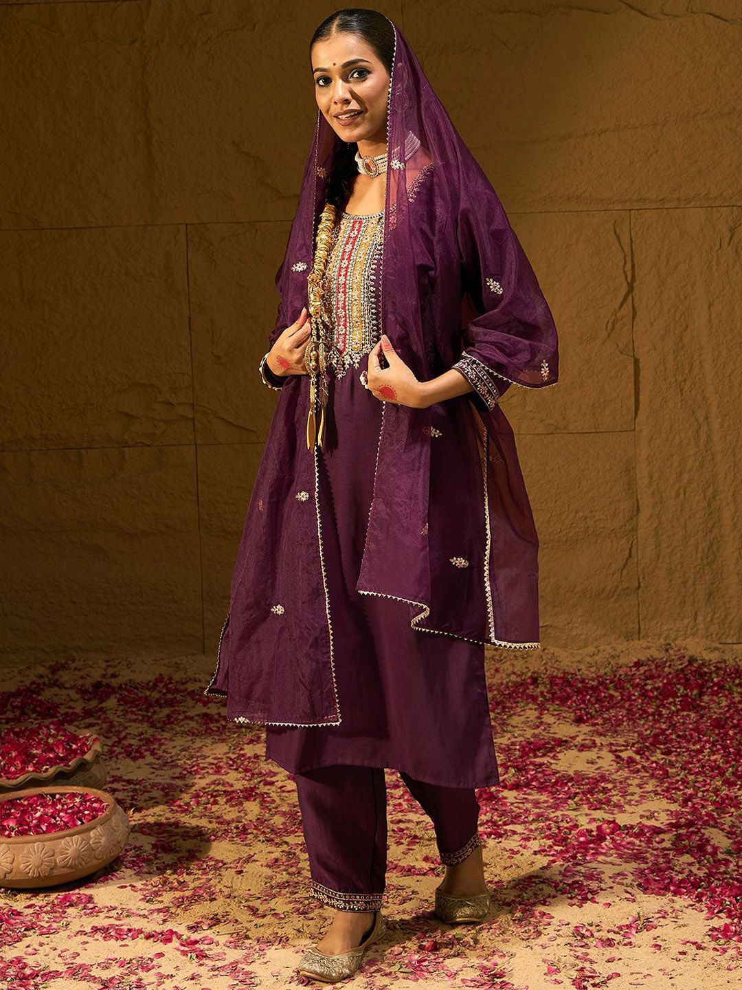 Dhiyona IE Burgundy Floral Embroidered Straight Kurta with Trousers & Dupatta
