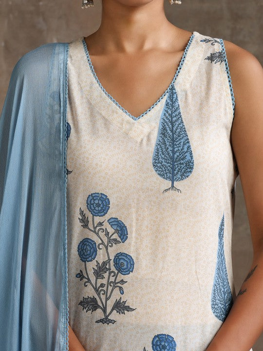 Women's Floral Printed V-Neck Pure Cotton Straight Kurta With Palazzos & Dupatta
