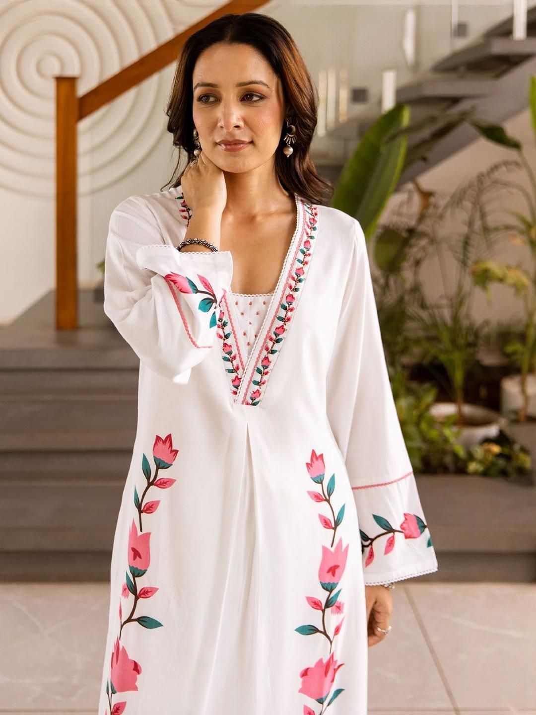 Floral Printed Straight Thread Work Kurta With Palazzos