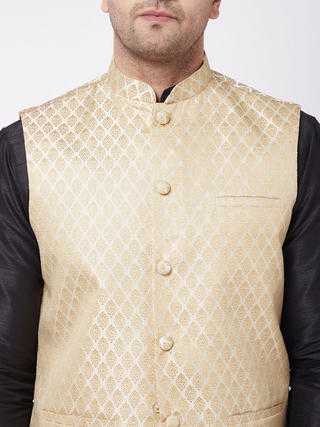 Men's Black Silk Blend Straight Jacket Kurta and Dhoti Set