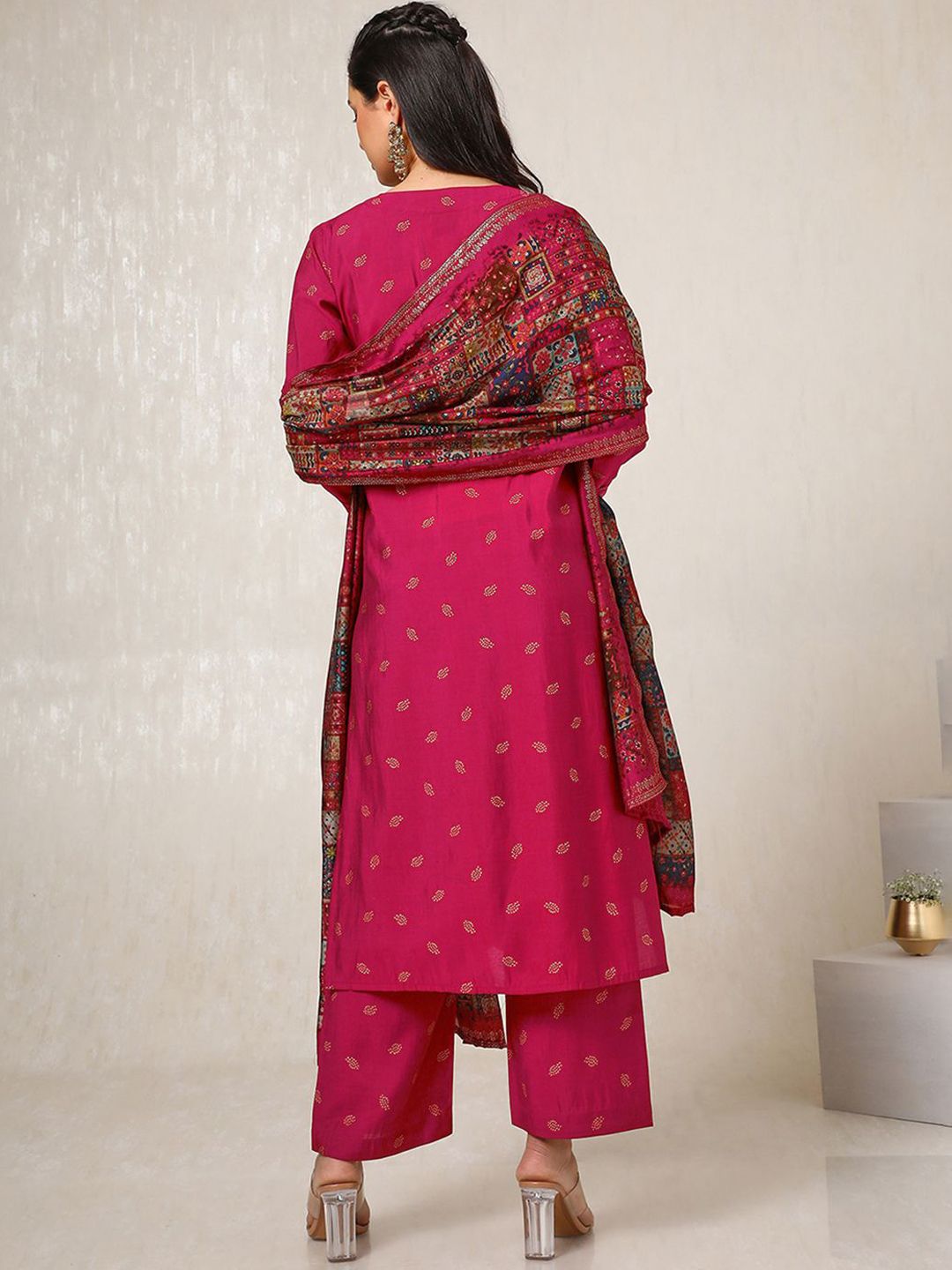 Dhiyona SO Women's Ethnic Motifs Printed Thread Work Straight Kurta with Palazzos & Dupatta