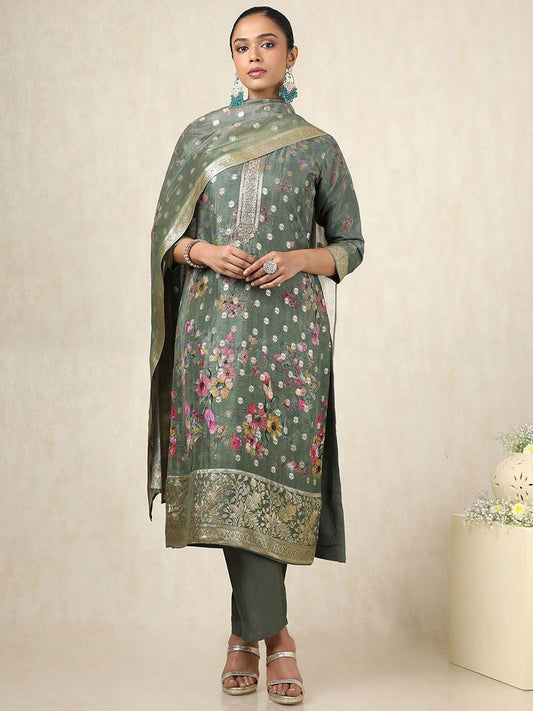 Dhiyona SO Women's Floral Printed Mirror Work Straight Kurta With Trousers & Dupatta