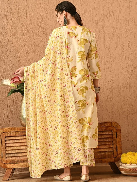 Women's Floral Printed Regular Thread Work Pure Cotton Kurta with Trousers & With Dupatta
