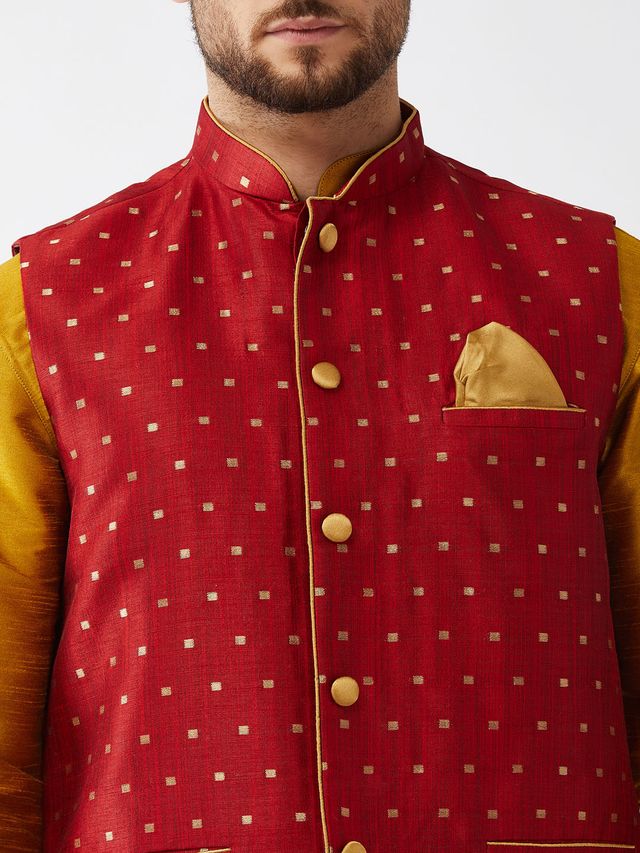 Men's Mustard Silk Blend Straight Jacket Kurta and Dhoti Set