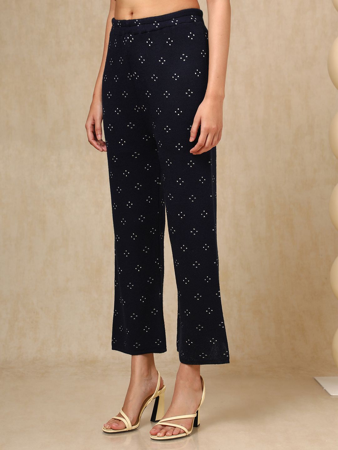 Dhiyona SO Women's Navy Blue Floral Woven Design Mandarin Collar Acrylic Straight Kurta With Trouser