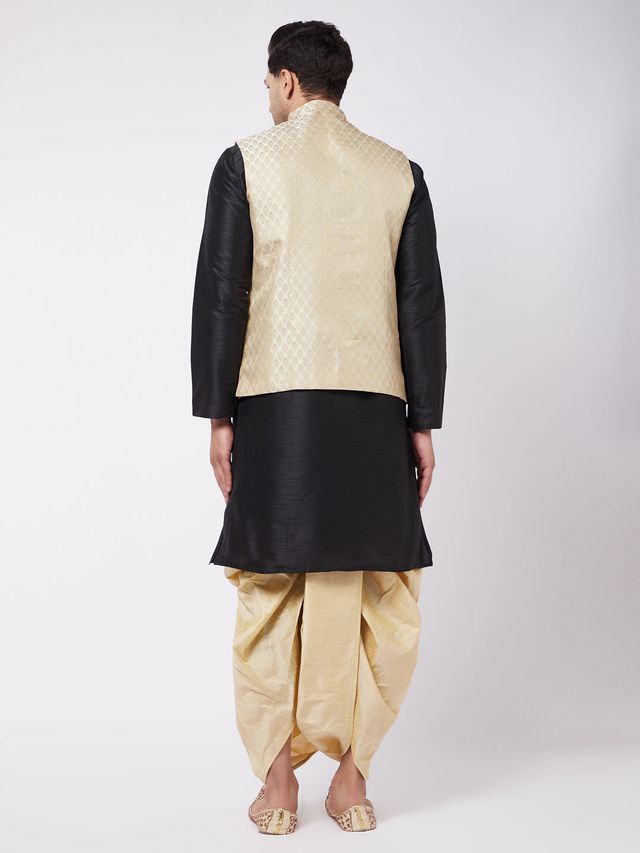 Men's Black Silk Blend Straight Jacket Kurta and Dhoti Set