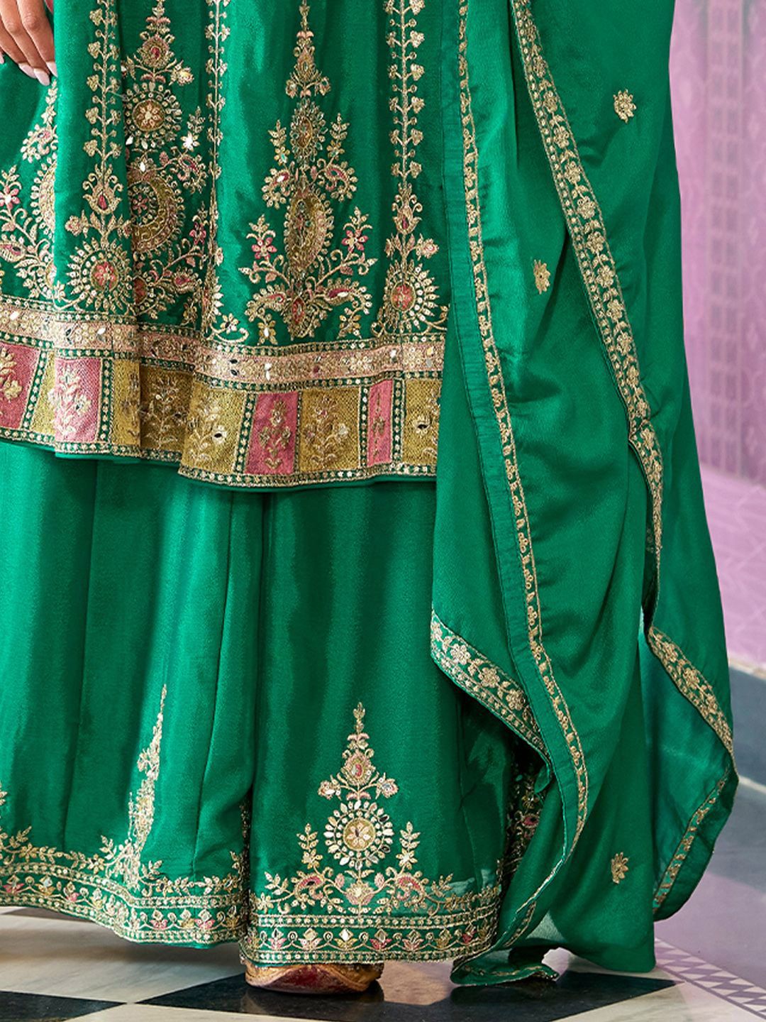 Floral Embroidered Mirror Work Round Neck Anarkali Kurta With Palazzos & Dupatta