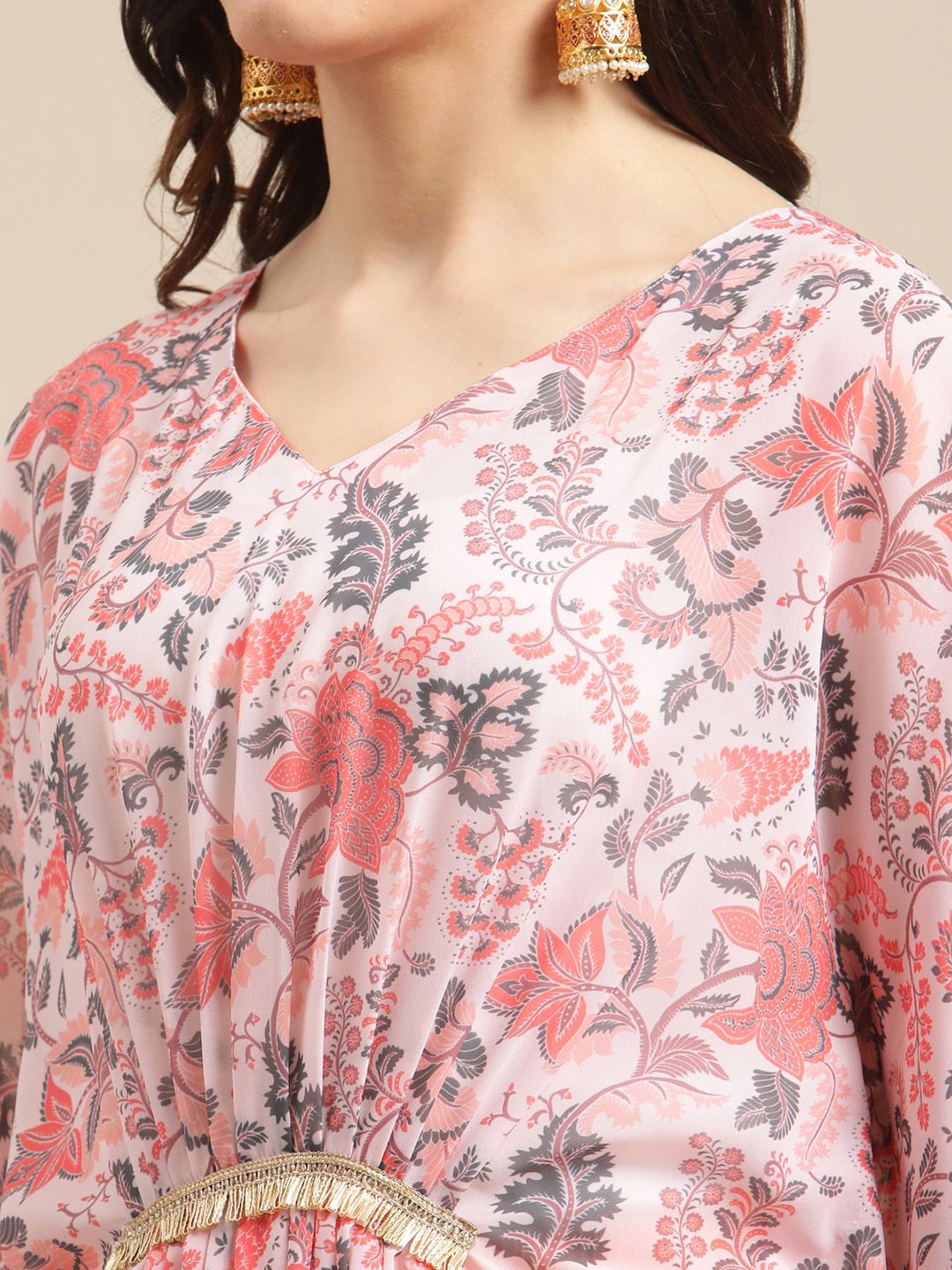 Dhiyona VA Women's Peach-Coloured & Pink Floral Printed Kaftan Kurta With Trousers